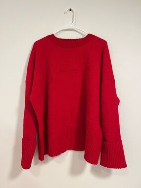 Relaxed Red Crewneck Sweater with Wide Rib Cuffs